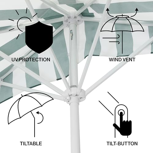 JONATHAN Y Half Umbrella UMB1201L Beverly 9 ft. Designer Classic Scalloped Fringe Market Patio with Crank, Tilt Button and UV Protection in Green/White, White Pole - color: Green/White - White Pole