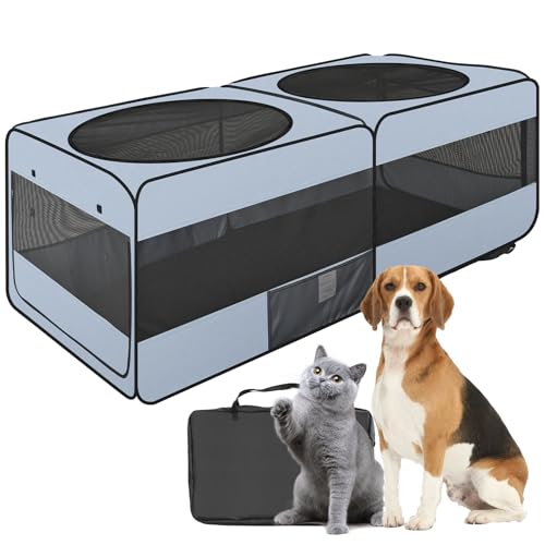 2-in-1 Dog Playpen, 73''Pop Up Cat Puppy Pet Playpen Indoor/Outdoor Cats Enclosed, Cat Dog Tent Crate Cage Kennel, Portable Playpen for Kitten, Small Animals Play Pen(No Divider, Unified Space) - color: Grey, size: L, 73.3"L x 37.5"W x 32"H