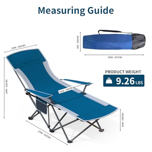 Folding Beach Chair Recliner for Adults - Heavy Duty 300lbs Camping Chair with Adjustable Backrest & Footrest, Portable Outdoor Lounge Chair for Backyard, Fishing, Travel - color: Blue
