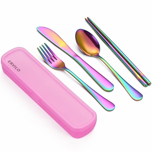 Travel Utensils with Case, Stainless Steel Camping Cutlery Set, Reinforced Case with Snap-Lock Closure, Include Fork Spoon Knife Chopsticks, Portable Lunch Box Silverware for Picnic Office, Rainbow - color: Rainbow