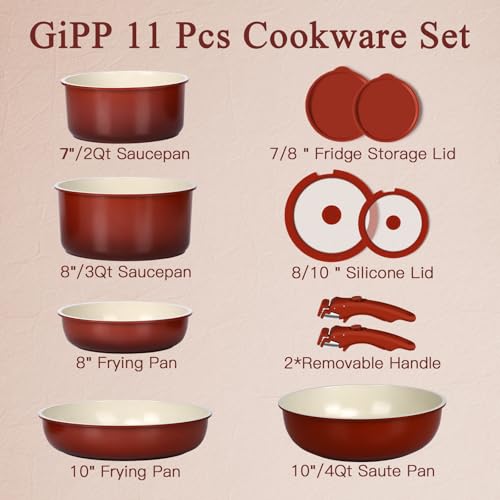 GIPP 11PCS Ceramic Pots and Pans Set Non Stick, Nonstick Cookware Set Detachable Handle, Red Black Gradien Pots and Pans Induction Kitchen Cooking Sets, RV Cookware Sets for All Stoves - color: Red and Black Gradient, size: 11PCS