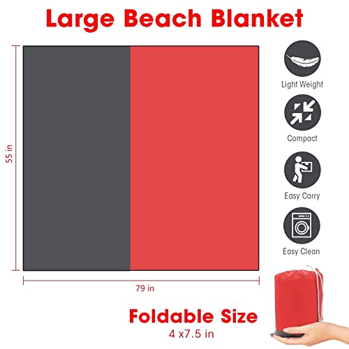 Beach Blanket Large Fast Drying Durable Lightweight Compact Outdoor Mat 79"x 55" - Sandproof Waterproof Picnic Mat for Travel, Camping, Hiking (Red) - color: Red