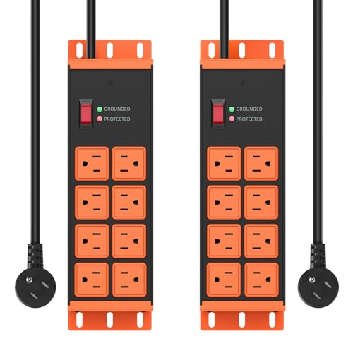 HHSOET 2 Pack Heavy Duty Power Strip 8 Outlets, Work Shop Outlet Strip Surge Protector 4800J, Industrial Metal 15Amp Power Strip, 6FT Extension Cord, ETL Listed - color: Orange, size: 6ft