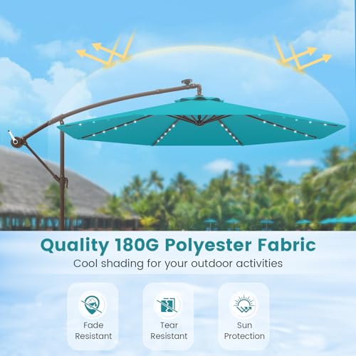 Tangkula 10FT Offset Patio Umbrella with Base Included, Outdoor Cantilever Umbrella with 40 Solar LED Lights, Tilt Adjustment, Crank Handle, Vented Top, Sand Bags for Pool Yard Deck (Turquoise) - color: Turquoise