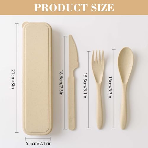 4 Pack Travel Utensil Set with Case, Reusable Spoon Knife Forks Tableware, Portable Cutlery for Adult Travel Picnic Camping or Birthday, Anniversary Use (Beige)