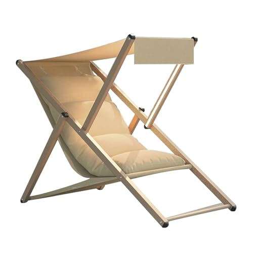 Beach Lounge Chair with Canopy, Folding Reclining Outdoor Chaise Lounger, Beach Chair Pool Sunbathing Lawn Lounger for All Weather, No Assembly Required (Khaki)