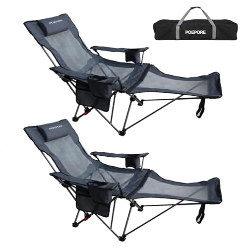 Reclining Camping Chair with Removable Footrest Lounge Chair with Headrest, Cotton Cushion, Portable Adjustable Folding Chairs - color: Gery, size: 2 pack