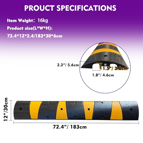Rubber Speed Bump 6 Feet Rubber Driveway Modular Heavy Duty Speed 72.4 x 12 x 2.4 Inch Cable Protector Ramp for Garage Gravel Roads Asphalt Concrete, 6Ft-Speed Bump (2 pack 6ft speed hump) - color: 2 pack 6ft speed bump