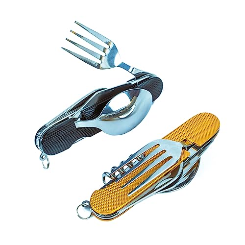 Cluck 6-in-1 Multi-Function Camping Utensil Flatware Set Detachable Spoon Fork Knife Combo Mess Kit with Carrying Pouch (Gold + Black) - color: Gold + Black