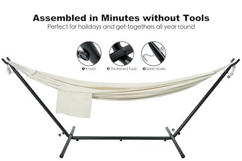 GAFETE Double Hammock with Stand for Outside, Upgraded Spreader Bar, Heavy Duty Space Saving Steel Stand 2 Person, Convenient Pocket, Easy Assembly, 600lbs Weight Capacity, Indoor & Outdoor (Natural - color: Natural