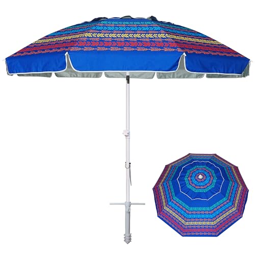 AMMSUN 8 Feet Large Beach Umbrella with Sand Anchor Heavy Duty High Wind Portable Outdoor Umbrellas UV 50+ Protection Air Vent Tilt Patio Garden Pool - color: Navy Stripes