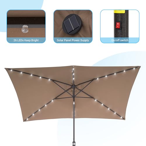 Rectangle Patio Umbrella with Solar Lights, 10 x 6.5ft Rectangular Outdoor Umbrella Table Market Patio Umbrella with Push Button Tilt and Crank for Garden, Deck, Backyard, Pool - color: Taupe