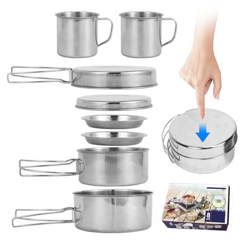 Camping Cooking Set 8PCS Stainless Steel Camping Cookware Portable Cooking Pot and Pan Set with Plates Cups for 5-6 Adults Outdoor Hiking Picnic BBQ, Camping Pots and Pans Set