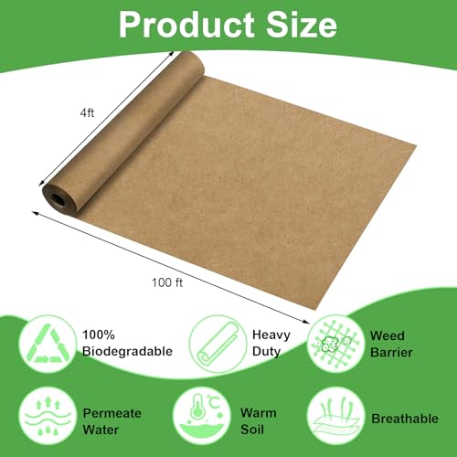 Biodegradable Paper Weed Barrier Roll, Thickened Tear Resistance Garden Weed Barrier Heavy Duty Garden Paper Weed Control Landscape Paper Mulch Weed Mat for Outdoor Garden Lawn (4 x 100 FT) - size: 4 x 100 FT