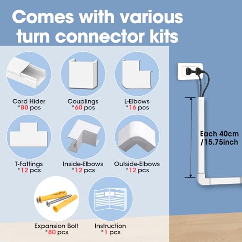 1260in Cord Hider Kit, Cord Covers for Wires on Wall, Paintable Cable Raceway, Cord Hider for Wall Mount tv, tv Cable Hider Wall kit, Wire Covers for Cords, 80X L15.75 X W0.96in X H0.57in, White - color: 1260in