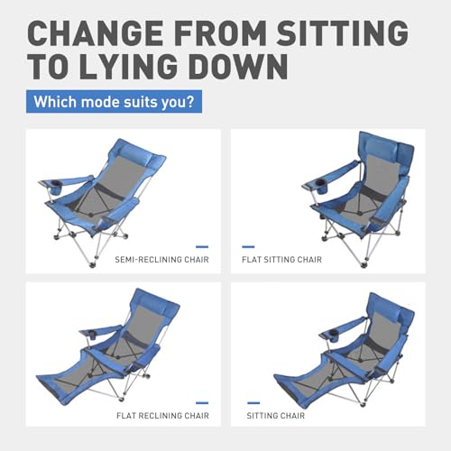 Reclining Folding Camping Chair with Removabel Footrest, Adjustable Folde Camping Chair with Foot Rest, Camp Lounge Outdoor Beach Chair, Mesh Reclining Design, with Pillow Cup Holder, Blue Mesh - color: Blue Mesh