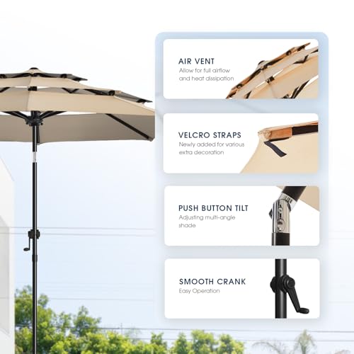 wikiwiki 10ft 3-Tier Patio Umbrella Outdoor Table Market Umbrella for Patio with Push Button Tilt/Crank, Fade Resistant Waterproof POLYESTER Canopy for Garden, Lawn, Deck, Backyard & Pool, Beige - color: Beige, size: 10 FT