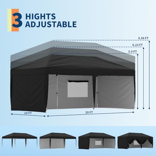 10x20 Pop Up Canopy with 4 Sidewalls, Beach Ten with One Push Setup, Heavy Duty Outdoor Instant Canopy Tent with Portable Roller Bag, Silver Coated Top, 3 Adjustable Height, Sandbags,Black - color: Black, size: 4 Sidewalls