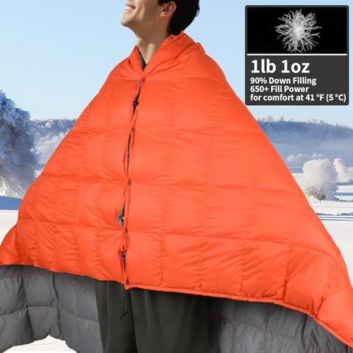 Down Camping Blanket - Lightweight, Packable, Warm & Puffy Outdoor Travel Quilt for Sleep, Hiking, Backpacking, Stadium, Festivals, Water-Resistant Sleeping Bag 55"x79" - color: Sunset Orange, size: 1LB 1.6OZ / 79" x 55"