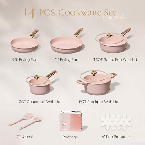 CAROTE Ceramic Cookware Set Nonstick, 14pcs Pots and Pans Set Nonstick, Non-Toxic & PFAS-Free, Dishwasher, RV/Camping Cookware Set, Cooking Pots with Lids, Pink Blush - color: Light Pink