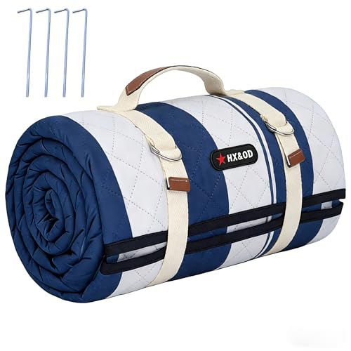 HX&OD Outdoor Picnic Blanket Extra Large, 80''*80'' Waterproof Picnic Mat with Stakes Foldable Camping Blanket Portable with Carry Strap for Beach Mat (Blue& White, 80''*80'') - color: Blue& White, size: 6'8" x 6'8" (Square)
