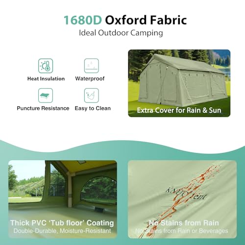 KNUO Inflatable Camping Tent, Large Blow-Up Air Tent, No Assembly Needed Luxury Glamping House, Oxford Fabric - color: Field Green-Dual-layer Doors, size: 12x12ft