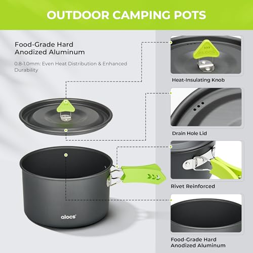 Alocs Camping Cookware Set - Lightweight Camping Pots and Pans - Portable Outdoor Cookware with Kettle - Camping Cookware Mess Kit for 2 - style: Ergo-grip Edition (4-piece)