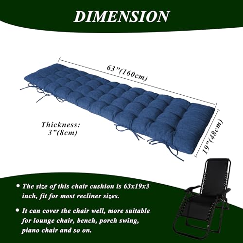 Lounge Chair Cushion Faux Linen Chaise Lounge Cushion with Ties Indoor Long Bench Cushion for Recliner Deck Chair Dormette Swing Bench 63 Inch Navy - color: Navy