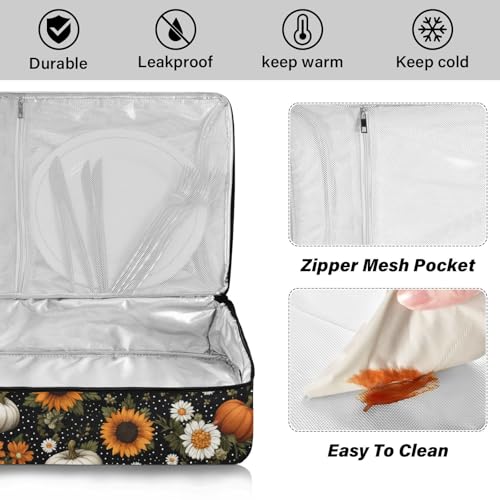 Casserole Carriers for Hot or Cold Food Reusable Casserole Dish Carrier Insulated Thermal Large Capacity Durable Perfect for Party Camping Family Gatherings Yellow Fish - color: Black Dotty Pumpkins Sunflowers Daisy