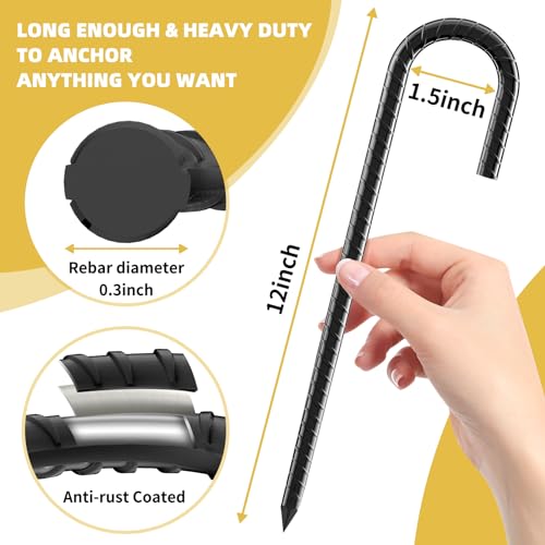 12 Inch Rebar Stakes, 8 Pack J Hook Heavy Duty Ground Stakes for Canopy Tent Trampoline and Chain Link Fence Rust Proof Coated Steel Ground Stakes Ground Anchors (Black) - color: J-8Pcs