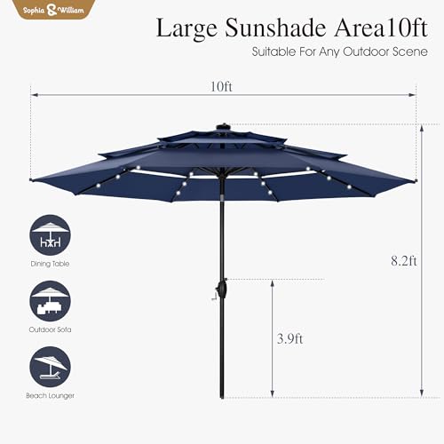 Sophia & William 10ft Patio Umbrellas 3-Tier Umbrella Outdoor Patio Umbrellas with Lights Vented Top 24 LED lights Adjustable Tilt for Pool Garden Backyard, Navy - color: Navy