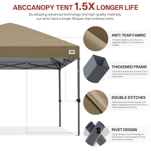 ABCCANOPY 10x10 Pop Up Canopy Tent, Easy Setup Instant Shelter with Wheeled Bag, Heavy Duty Outdoor Canopy for Beach, Market, Backyard, UV Protection, Outdoor Weather Protection (Khaki, 10x10) - color: Khaki, size: 10x10