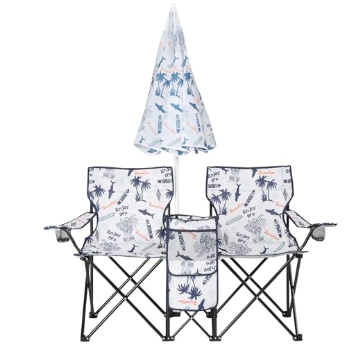 Double Folding Camping Chair W/Umbrella Fold Up Table Beverage Holder Carrying Bag Cooler for Patio Pool Park Outdoor Beach, Picnic, Portable (Coconut) - color: Coconut