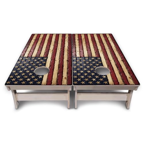 Cornhole Solutions PRO Tournament Cornhole Bundle – Regulation 4 ft x 2 ft Professional Set – ¾″ Baltic Birch Plywood – Folding Legs – UV Printed & Clear Coated – Made in USA - color: Carved Rustic Flag