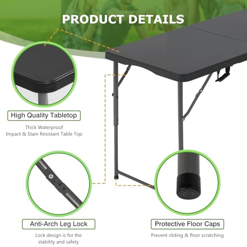 BestOffice 4 FT Picnic Table Folding Table Camping Plastic Table Fold Up Table Lock for Party Event, Black - color: Black, size: 4 FT