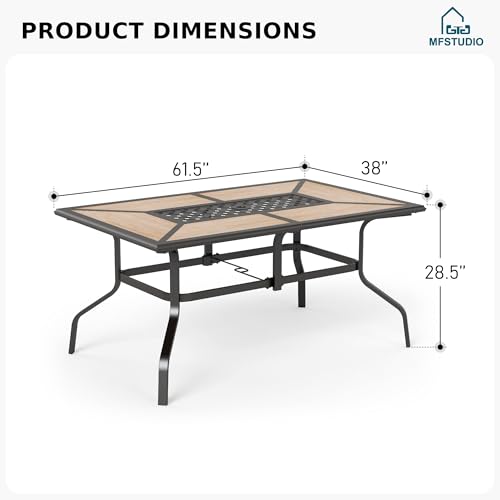 MFSTUDIO Outdoor Patio Dining Table for 6, Rectangular Patio Furniture Table with Metal Frame and Immitation Top, Adjustable Umbrella Hole - color: Brown & Black, size: 61.5" x 38"