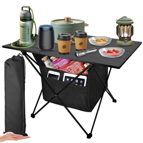 Foldable Camping Side Table, Ultralight Small Beach Table Aluminum, Portable Outdoor Table with Carry Bag and Storage for Picnic, Grill, Hiking, Fishing, Sand, Camping Essentials(L) - color: Black, size: 27‘’ Large