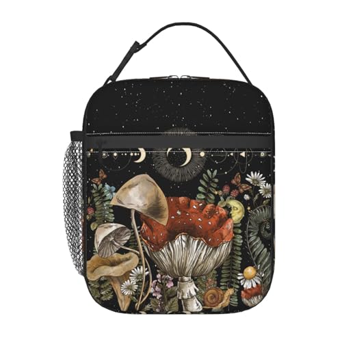 Vintage Mushroom Cute Forest Magic Leaf Forest Insulated Lunch Bag Portable Reusable Zipper Lunch Box For Men Women Work Picnic Travel Camping - color: Black2