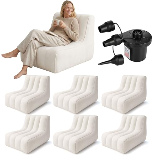 6 Pcs Inflatable Chairs for Adults, Blow up Couch with Electric Air Pump, Inflatable Chairs for Movie Night Flocking Portable Blow up Furniture Beanbag Sofa for Living Room Party (Beige) - color: Beige