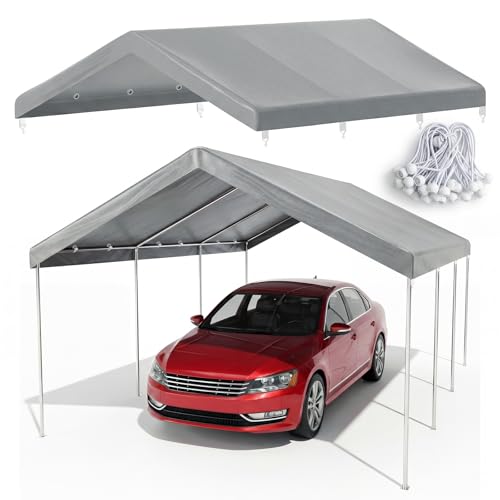 10x20 FT Carport Canopy Replacement Cover, Heavy Duty Car Garage Top Tent Shelter Tarp, Waterproof & UV Protected, Easy Installation with Ball Bungees, Gray (Frame Not Included) - color: Gray, size: 10'x20'
