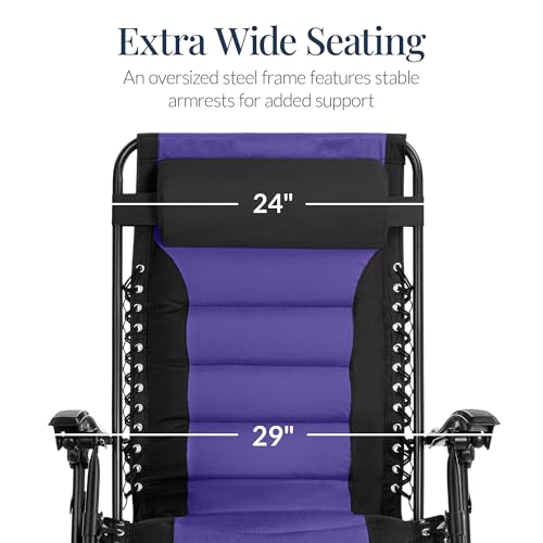 Best Choice Products Oversized Padded Zero Gravity Chair, Folding Outdoor Patio Recliner, XL Anti Gravity Lounger for Backyard w/Headrest, Cup Holder, Side Tray, Polyester Mesh - Black/Purple - color: Black/Purple