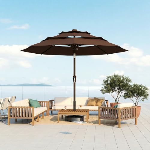 10FT Patio Umbrella 3 Tiers Outdoor Market Umbrella w/Push Button Tilt, Crank, UV and Waterproof Table Umbrella for Garden, Pool, Backyard, Deck, Lawn, Brown - color: Brown