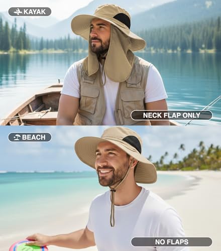 GearTOP Wide Brim Sun Hat for Men & Women, UPF 50+ Fishing Hat with Detachable Neck Flap & Face Cover Gardening Boonie Sunhat - color: Khaki With Flaps