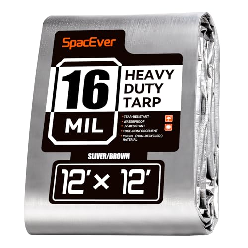 12x12 FT Tarp Waterproof, 16 Mil Tarps Heavy Duty Waterproof Multipurpose Protective Cover UV Resistant Rip & Tear Resistant with Grommets Reversible for Home Boats Cars Camping - color: Sliver/Brown, size: 12x12