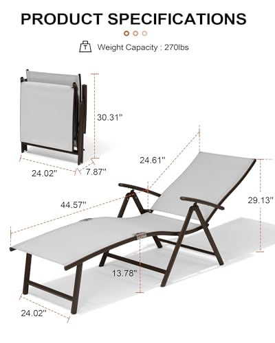 Crestlive Products 2PCS Chaise Lounge Chair Outdoor with 1PC Side Table, Aluminum Folding Patio Recliner Chair, Adjustable 8 Positions Assemble-Free - color: Light Gray, size: 2 Pcs