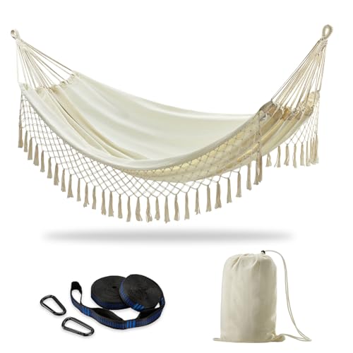CHULIM Brazilian Double Hammock with Tree Straps,Extra Large 94x63IN,2 Persons Hammock for Backyard Patio Outdoor Indoor,450lbs Weight Capacity,Soft Woven Cotton Fabric - Natrual White with Tassels - color: Natrual White With Tassels