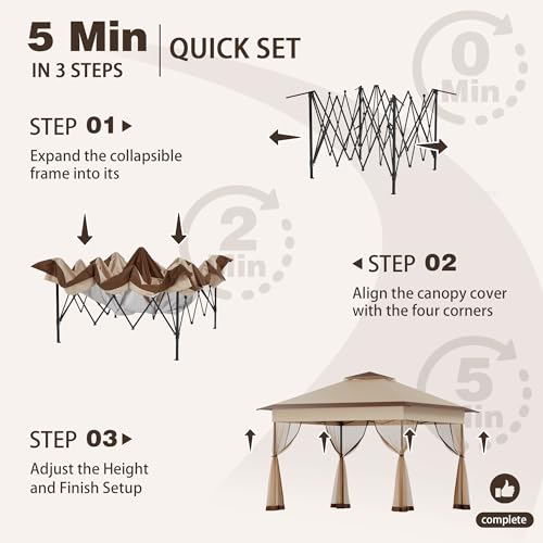 Bezseller 11x11 Pop Up Gazebo with Mosquito Netting – Easy 1-Person Setup, Water-Resistant Backyard Canopy for Family Patio & Garden Use,Khaki - color: Khaki, size: 11"x11"