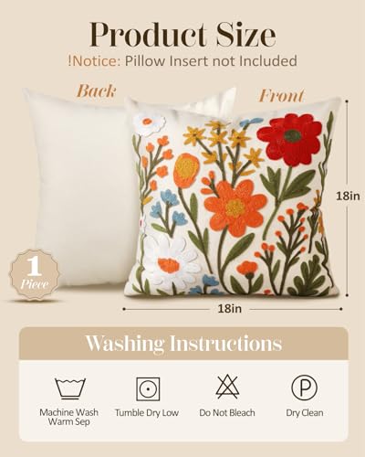 Embroidered Throw Pillow Cover 18x18 Inch - Spring Summer Boho Decorative Pillow Cover with Zipper for Living Room Couch Sofa Bed Aesthetic Design Flower Cluster Cushion Pillowcase - color: Flower Cluster, size: 18" x 18" (Pack of 1)