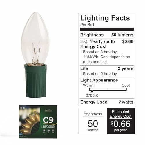 C9 26ft Indoor/Outdoor Clear Incandescent Christmas String Lights with 25 Bulbs and E17 Base | 120V, 7W - style: Clear Incandescent