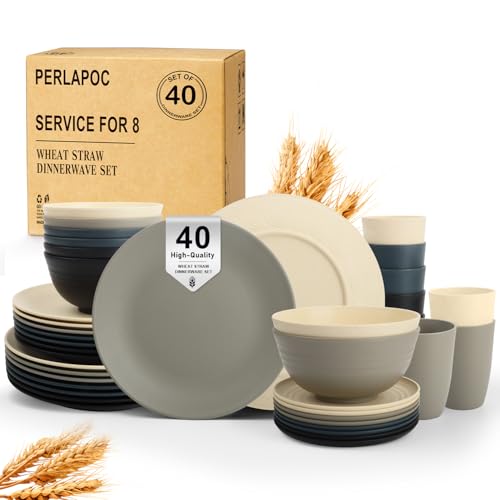 40 PCS Wheat Straw Dinnerware Set | Service for 8 Plastic Dishes Set Unbreakable Plates and Bowls Sets, Drinking Glasses, Dishwasher and Microwave Safe Dish Set for KItchen - Gray Stone - color: Gray Stone, size: 40 PCS
